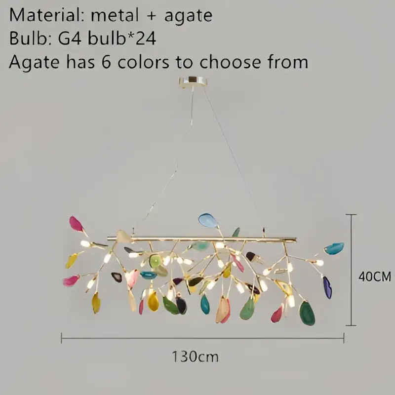 A modern gold pendant chandelier with a metallic frame and colorful agate led accents for dining room decorbites