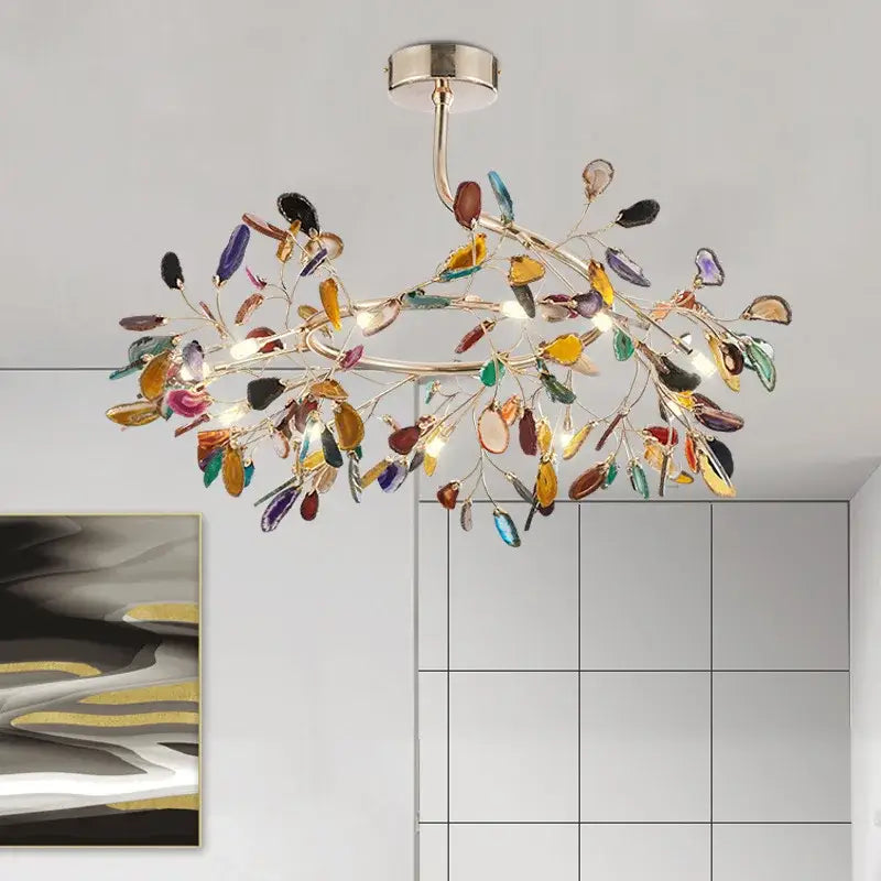 Modern gold pendant chandelier with colorful agate led leaf-shaped glass pieces for dining room decorbites colorful agate