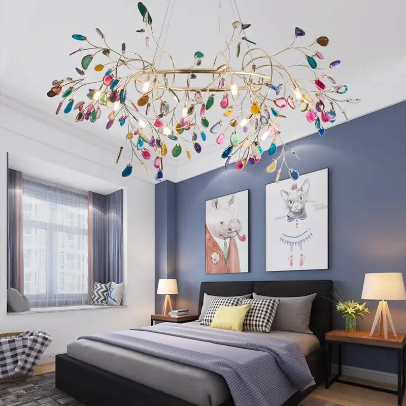 Modern gold pendant chandelier with colorful agate led and gold-toned arms for stylish dining room decorbites decor