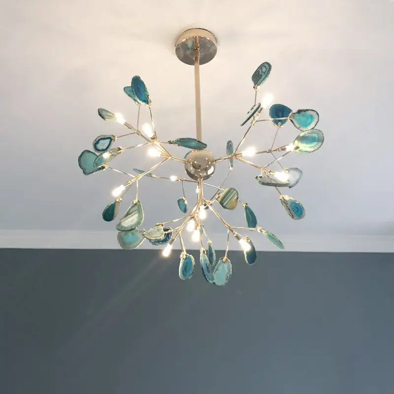 Modern gold pendant chandelier with colorful agate led slices arranged like branches for dining room decorbites colorful agate