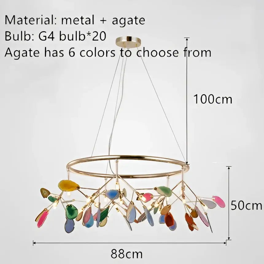 Modern gold pendant chandelier with colorful agate led leaf pendants on a gold-toned metal frame for dining room decorbites colorful agate