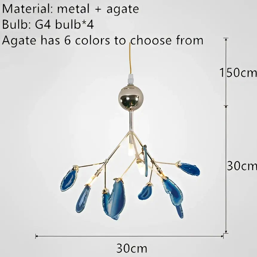 Modern gold pendant chandelier featuring blue decorbites colorful agate with metallic finish and four g4 colorful agate led bulbs