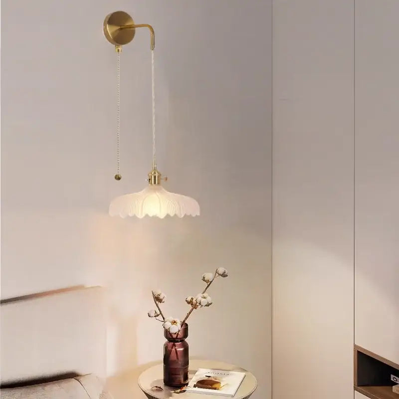 Modern gold petal led wall lights with brass frame and frosted glass shade featuring pull chain for bedroom decorbites led wall lights