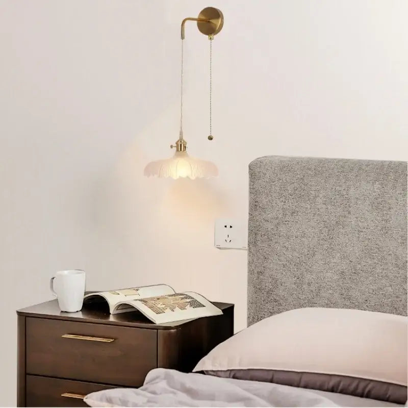 Brass wall-mounted pendant lamp with frosted glass shade and pull-chain switch modern gold petal led wall lights decorbites led wall