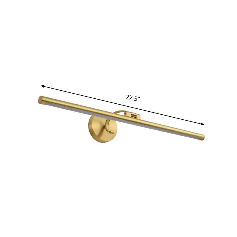 Modern gold pipe vanity light with gold finish, sleek elongated bar design, and circular wall-mounted LED fixture
