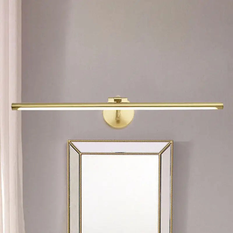 Modern gold pipe led vanity light with a gold-toned minimalist wall-mounted rectangular design and circular base