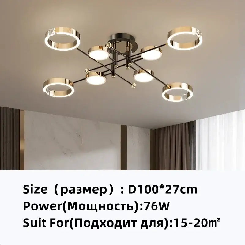 Modern gold plated chandelier with six circular rings and black arms by decorbites gold for living room decor