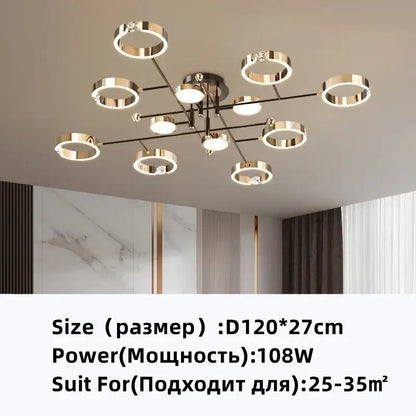 Modern gold plated chandelier with black arms featuring gold toned circular rings and embedded LED lights by decorbites gold