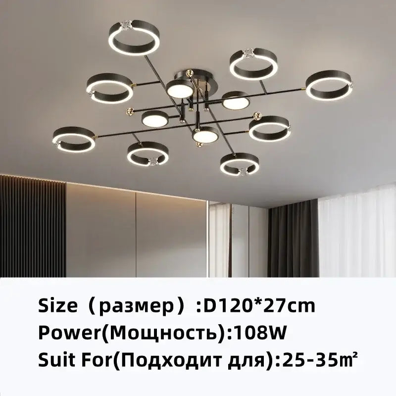 Modern gold plated chandelier with black arms featuring a black and white circular design with glowing rings for living room decorbites gold plated