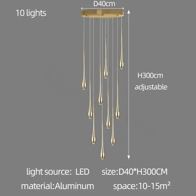 Modern chandeliers gold-toned aluminum chandelier with ten teardrop-shaped led lights for living room decorbites gold-plated modern