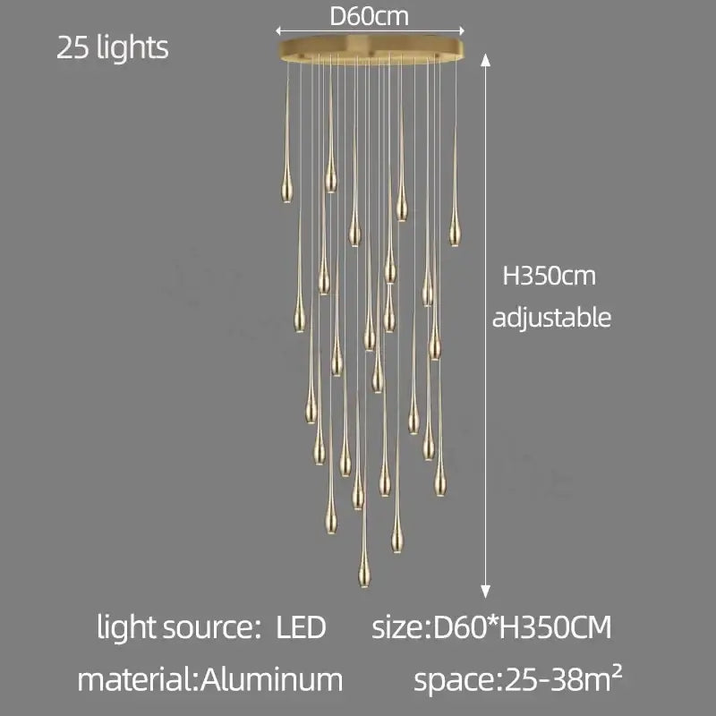 Gold-toned aluminum modern chandeliers with 25 teardrop-shaped led lights decorbites gold-plated modern pendant