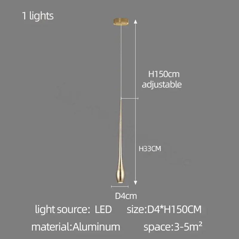 Gold-toned aluminum teardrop pendant light with adjustable height for modern chandeliers decorbites gold-plated modern use