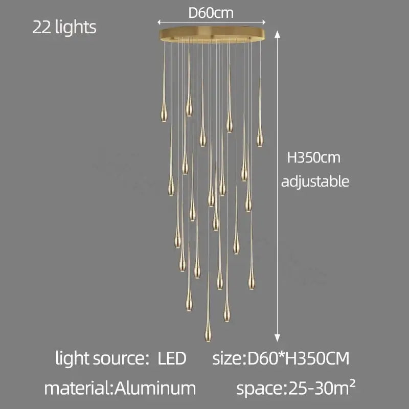 Gold-toned aluminum decorbites gold-plated modern chandeliers with 22 teardrop led lights for living room decor