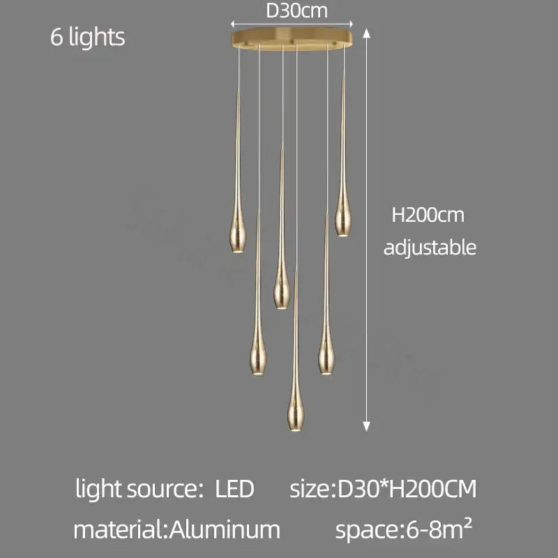 Modern gold-plated led chandelier with six gold-toned aluminum teardrop lights for elegant living room decorbites led chandelier