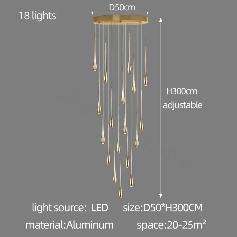 Modern gold-plated led chandelier with 18 teardrop-shaped led lights on a circular gold-toned aluminum base for living room decorbites gold-plated led