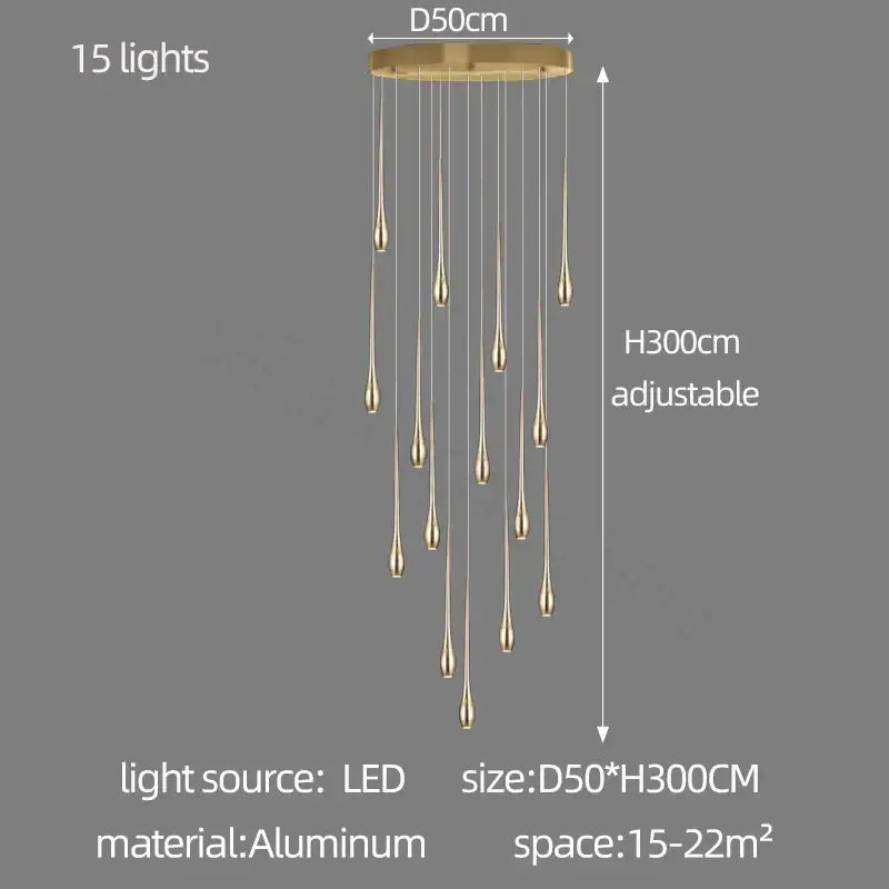 Modern gold-plated led chandelier with 15 teardrop shaped lights made of gold-toned aluminum for living room decorbites