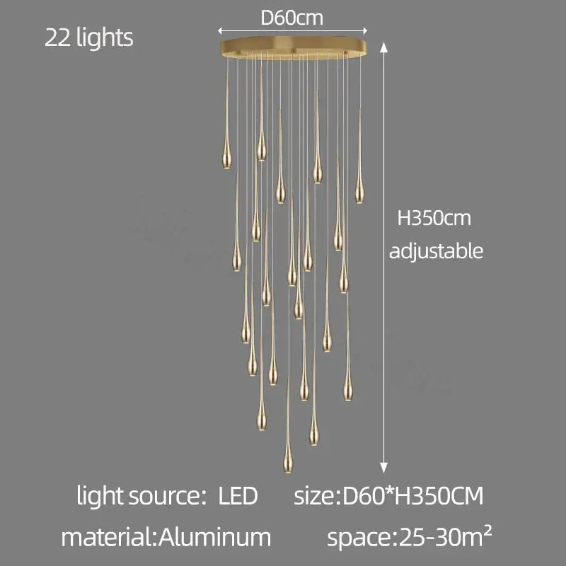 Modern gold-plated led chandelier with 22 teardrop-shaped led lights in gold-toned aluminum for living room decorbites design