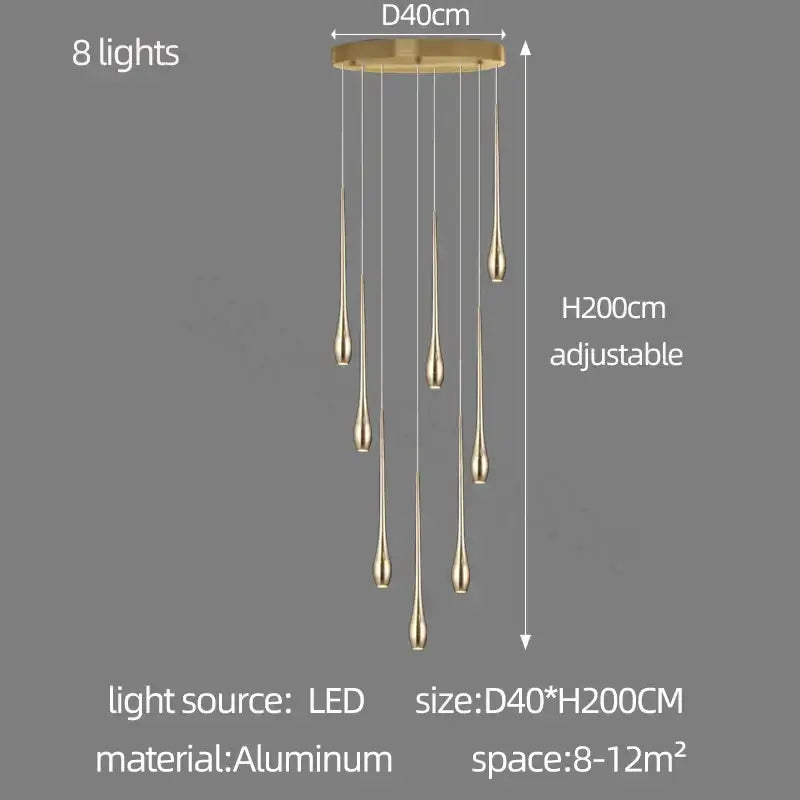Modern gold-plated led chandelier with eight gold-toned aluminum teardrop pendant lights for living room decorbites gold-plated led chandelier