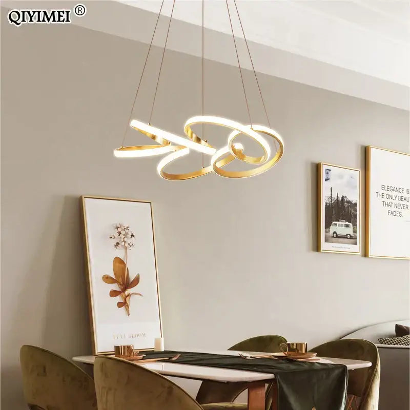 Modern gold plated led pendant lights with interlocking circular rings for dining room decorbites gold plated design