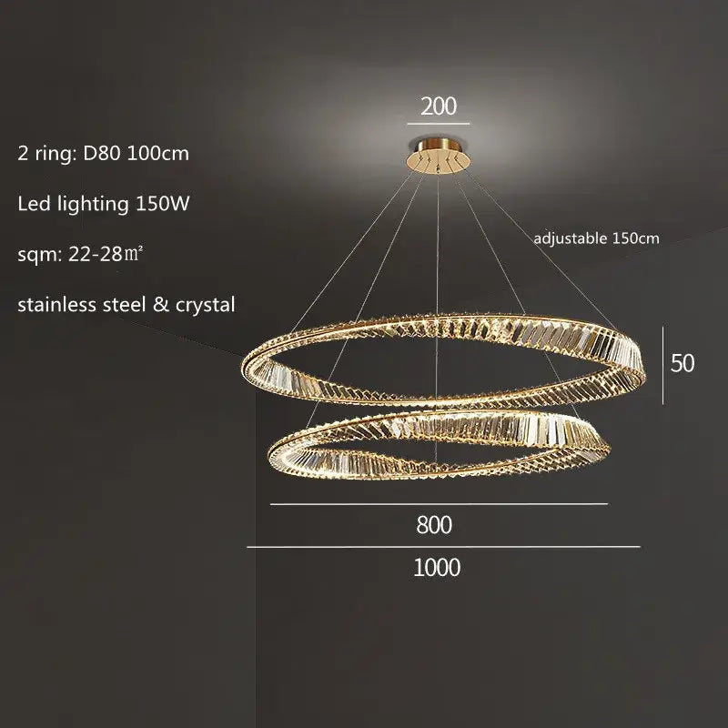 Modern gold plated steel pendant lamp with double-ring design and crystal accents for dining room decorbites gold plated