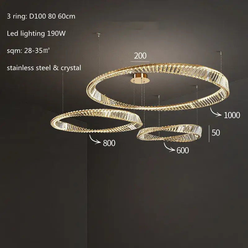 Modern gold plated steel pendant lamp with three-tiered interlocking rings and crystal accents for dining room decorbites gold plated