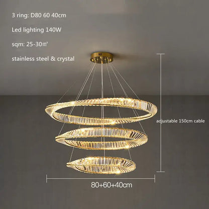 Modern gold plated steel pendant lamp with three-tier spiral design and crystal accents for dining room decorbites gold plated steel
