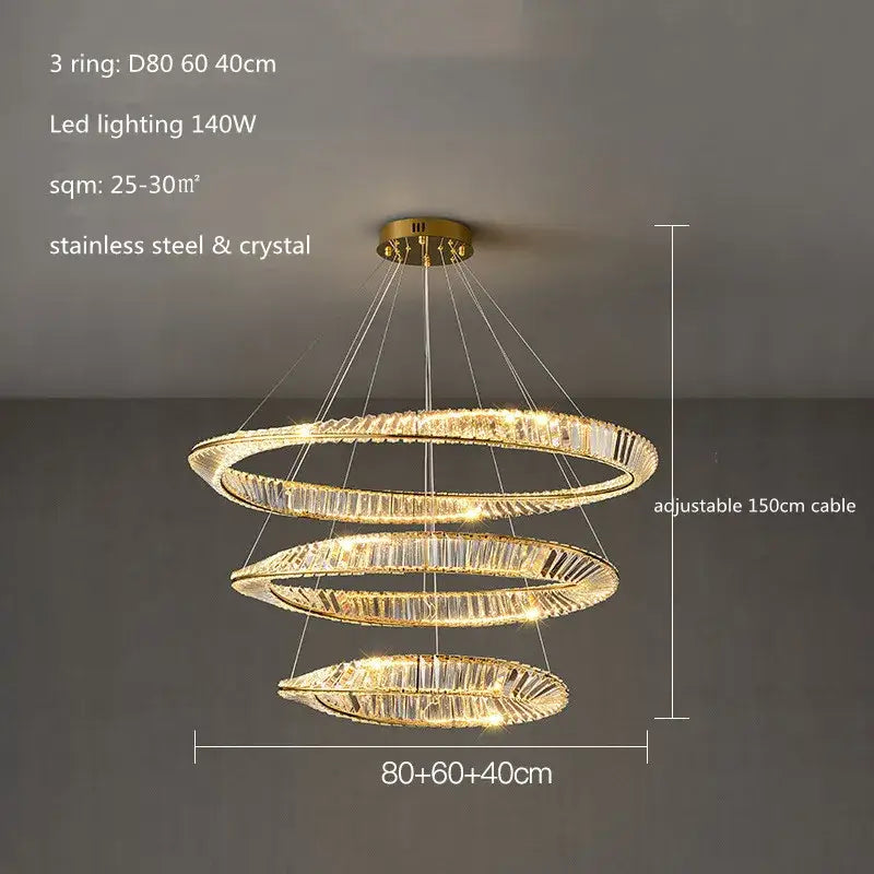 Modern gold plated steel pendant lamp with three-tier spiral design and crystal accents for dining room decorbites gold plated steel