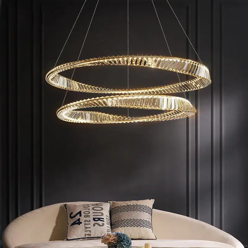 Modern gold plated steel pendant lamp with double-ring design and crystal accents for dining room decorbites gold plated
