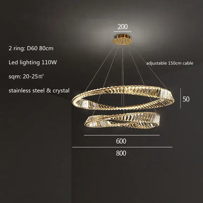 Modern gold plated steel pendant lamp with double-ring design crystal accents for dining room decorbites gold plated style