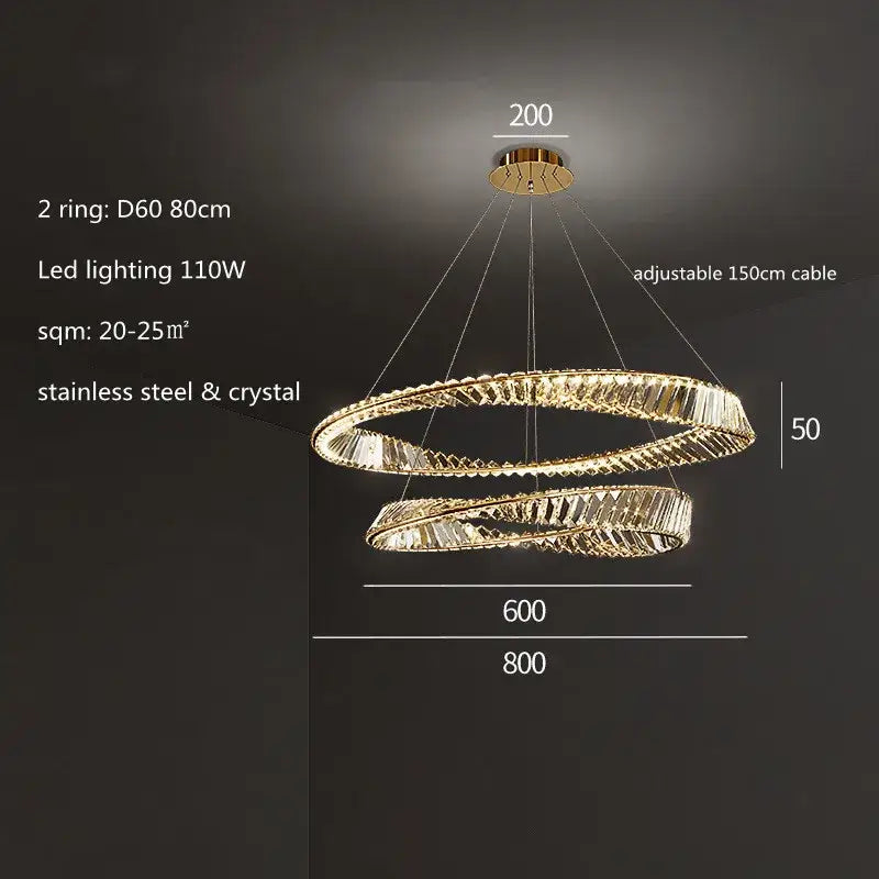 Modern gold plated steel pendant lamp with double-ring design crystal accents for dining room decorbites gold plated style