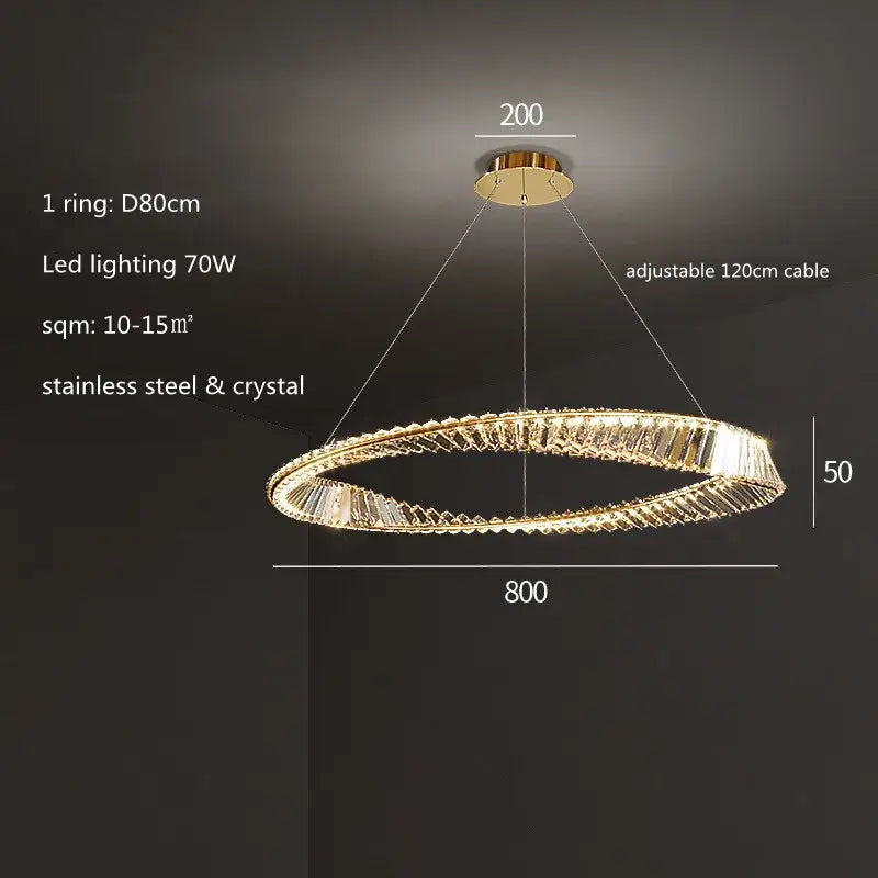 Modern gold plated steel pendant lamp with crystal elements for dining room decorbites gold plated steel ring design