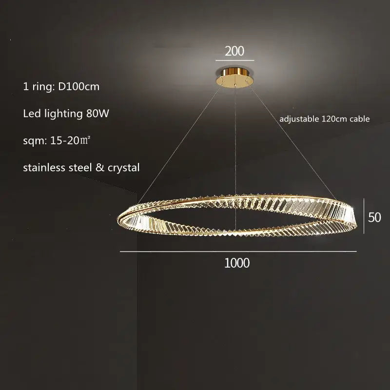Modern gold plated steel pendant lamp with circular design and crystal accents for dining room decorbites gold plated style