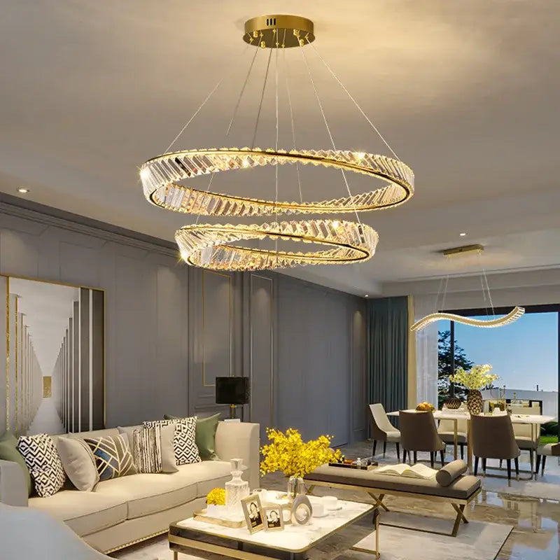 Modern gold plated steel spiral pendant lamp with crystal accents for dining room decorbites gold plated lighting