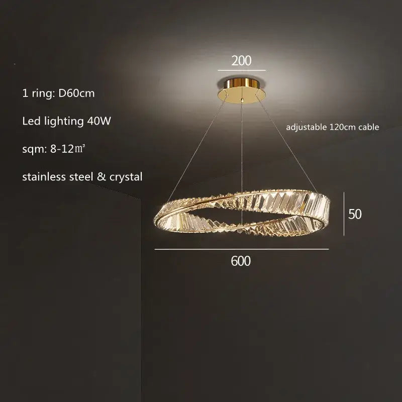 Modern gold plated steel pendant lamp with circular frame and crystal accents for dining room decorbites gold plated design
