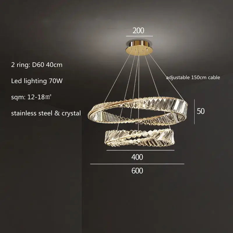 Modern gold plated steel double-ring pendant lamp with faceted crystal accents for dining room decorbites gold plated steel