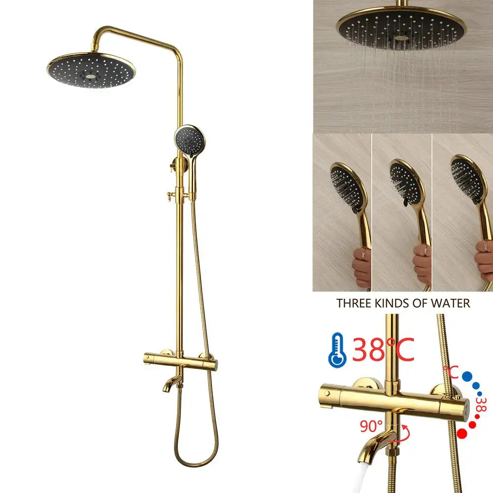 Modern gold plated thermostatic shower set with large rainhead handheld spray and three water modes for bathroom decorbites gold plated