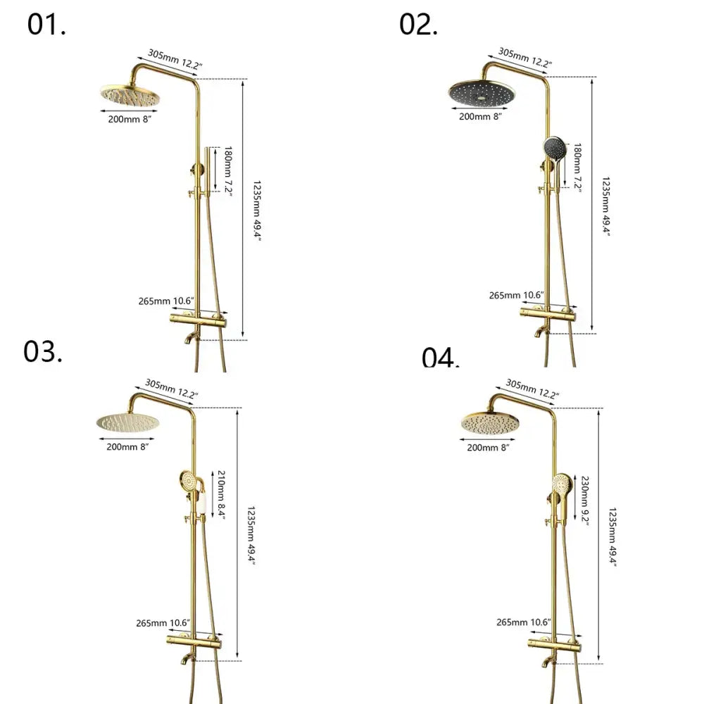 Modern gold plated thermostatic shower set with rainhead featuring multiple nozzle designs and varied heights by decorbites gold plated