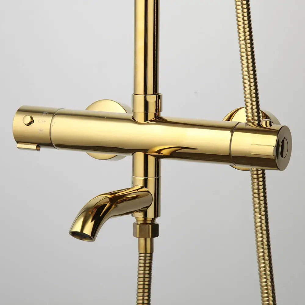 Modern gold plated thermostatic shower set featuring a gold finished brass mixer with integrated hose for bathroom decorbites gold plated