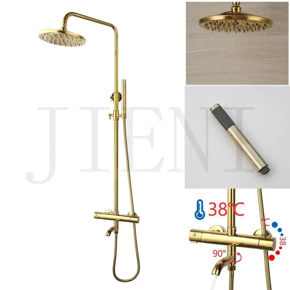 Modern gold plated thermostatic shower set with round rainhead handheld spray and temperature control valve decorbites gold plated