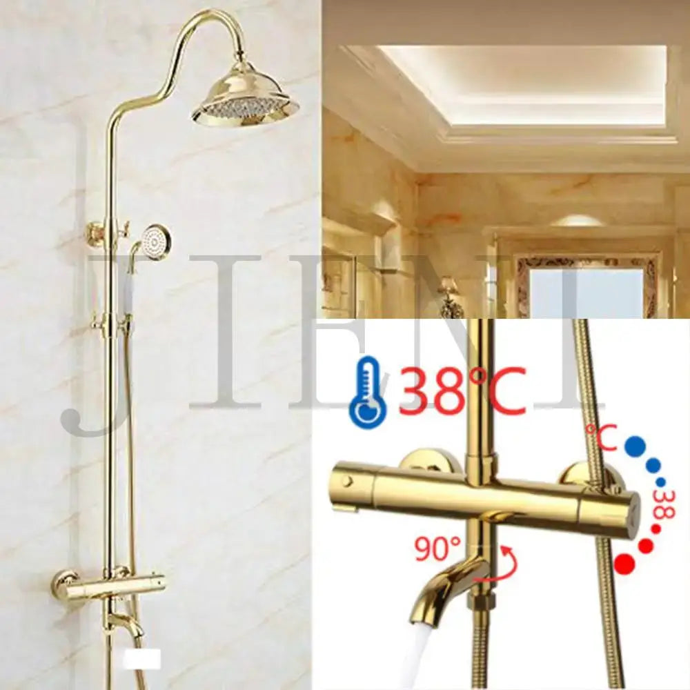 Modern gold plated thermostatic shower set with gold finished brass rainhead and handheld spray for bathroom decorbites gold plated