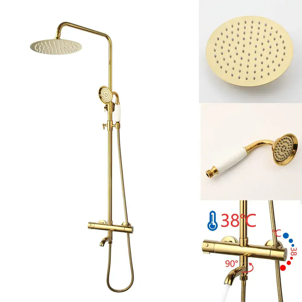 Modern gold plated thermostatic shower set with rainhead handheld spray and temperature control valve by decorbites gold plated