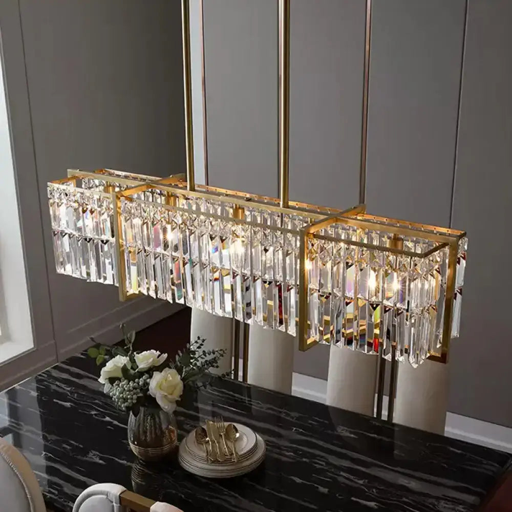 DecorBites modern rectangular hanging lamp with gold metal frame and prismatic crystal for 220v-240v led incandescent fluorescent bulbs