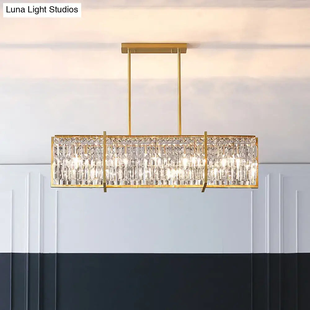 Gold-toned rectangular DecorBites™ hanging lamp with vertical prismatic crystal strands for 220v-240v led incandescent fluorescent bulbs