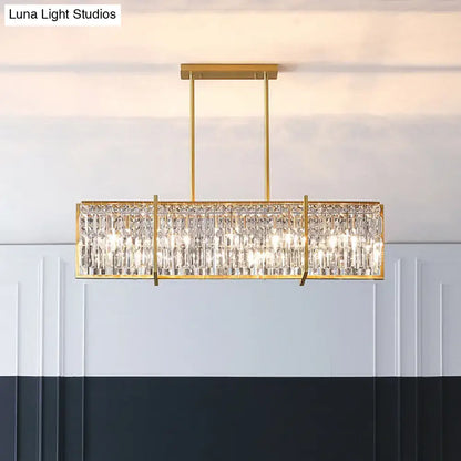 Gold-toned rectangular DecorBites™ hanging lamp with vertical prismatic crystal strands for 220v-240v led incandescent fluorescent bulbs