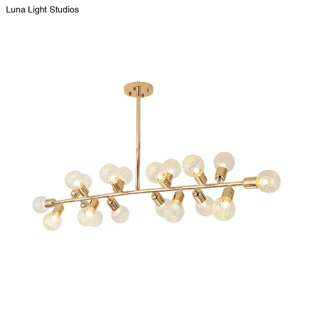Gold-toned modern DecorBites™ chandelier with 18 prismatic glass bulbs on a sleek metal branch ceiling light bulb base