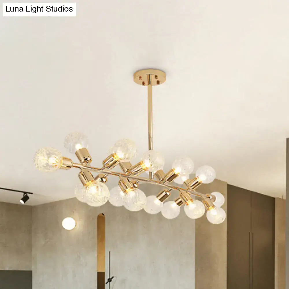 Decorbites™ gold prismatic glass ceiling light with 18 clear glass globe bulbs and sleek metal bulb base frame for hotels