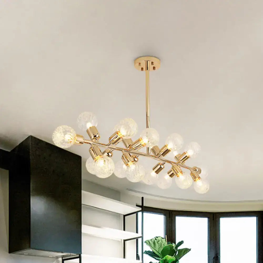 Decorbites gold prismatic glass ball linear chandelier ceiling light with 18 bulb base globes in modern metal design