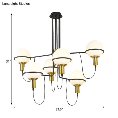 Lámpara de araña radial dorada moderna con pantalla esférica de cristal blanco - Lámpara colgante metálica de varias luces