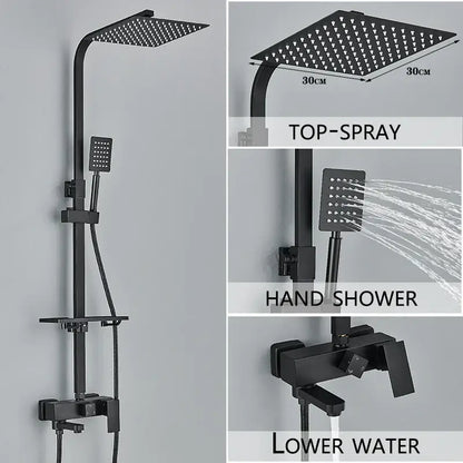 Modern gold rain shower system with black matte finish featuring 30cm square top spray and handheld showerhead
