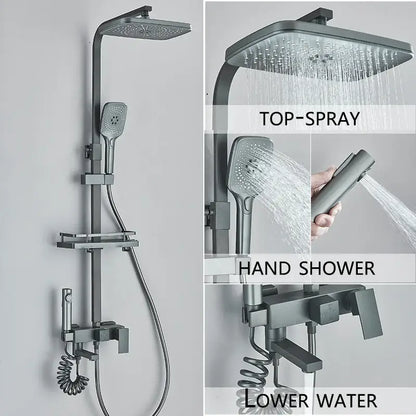 Modern matte black shower system with square rainhead handheld spray and lower outlet for bathroom use
